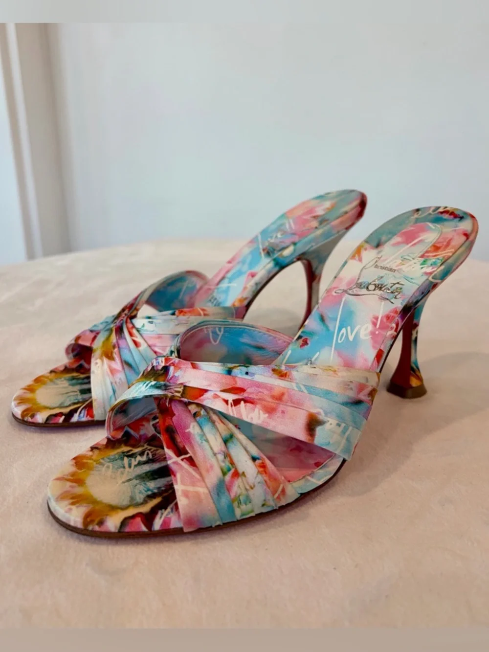 Christian Louboutin Satin Heeled Slides,“Nicol is back” print, multi, 36, EUC - Picture 7 of 15